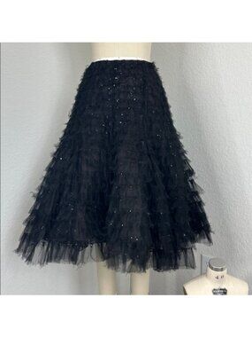 Oscar de la Renta Black Tiered Tulle A Line Sequin Mesh Knee Midi Full Skirt